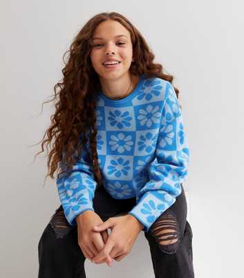 Girls Blue Floral Checkerboard Jumper