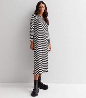 White Stripe Long Sleeve Oversized Midi T-Shirt Dress