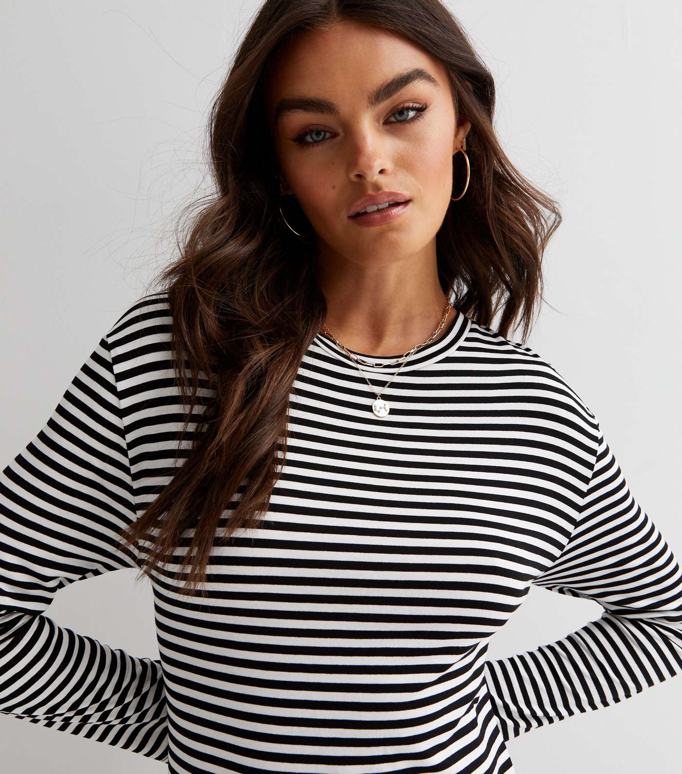 White Stripe Long Sleeve Oversized Midi T-Shirt Dress Image 2