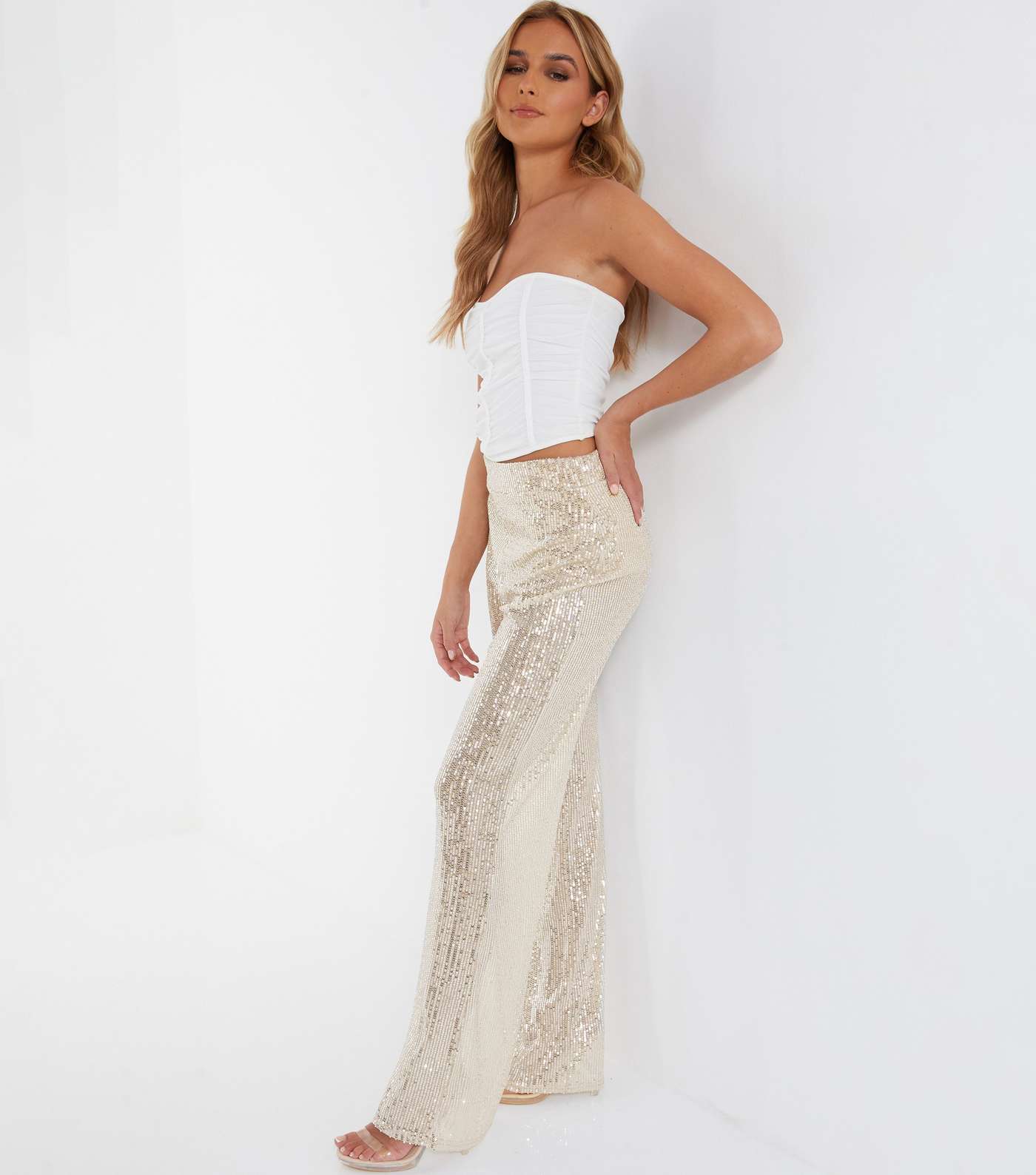 QUIZ Off White Sequin High Waist Wide Leg Trousers Image 2