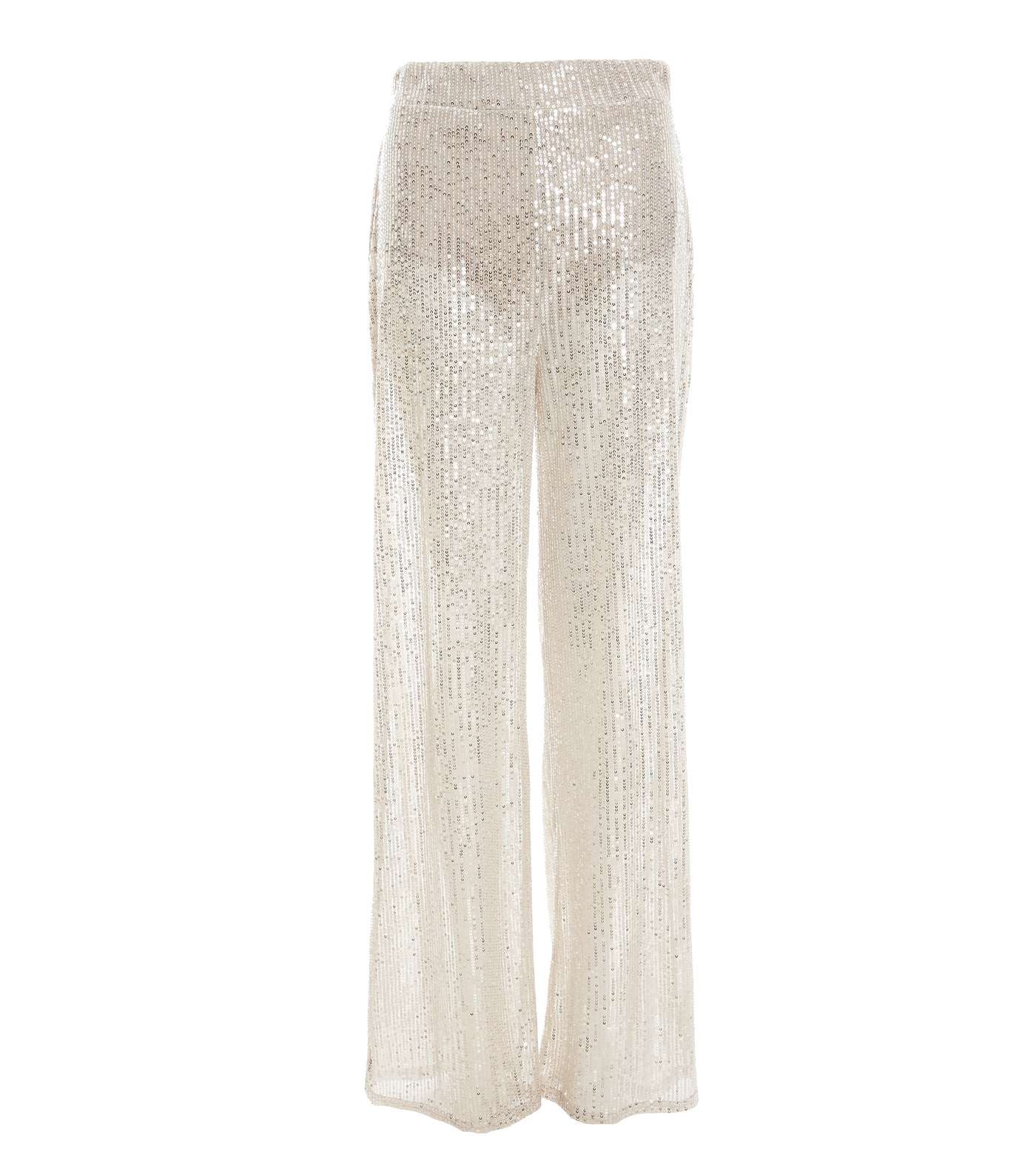 QUIZ Off White Sequin High Waist Wide Leg Trousers Image 4