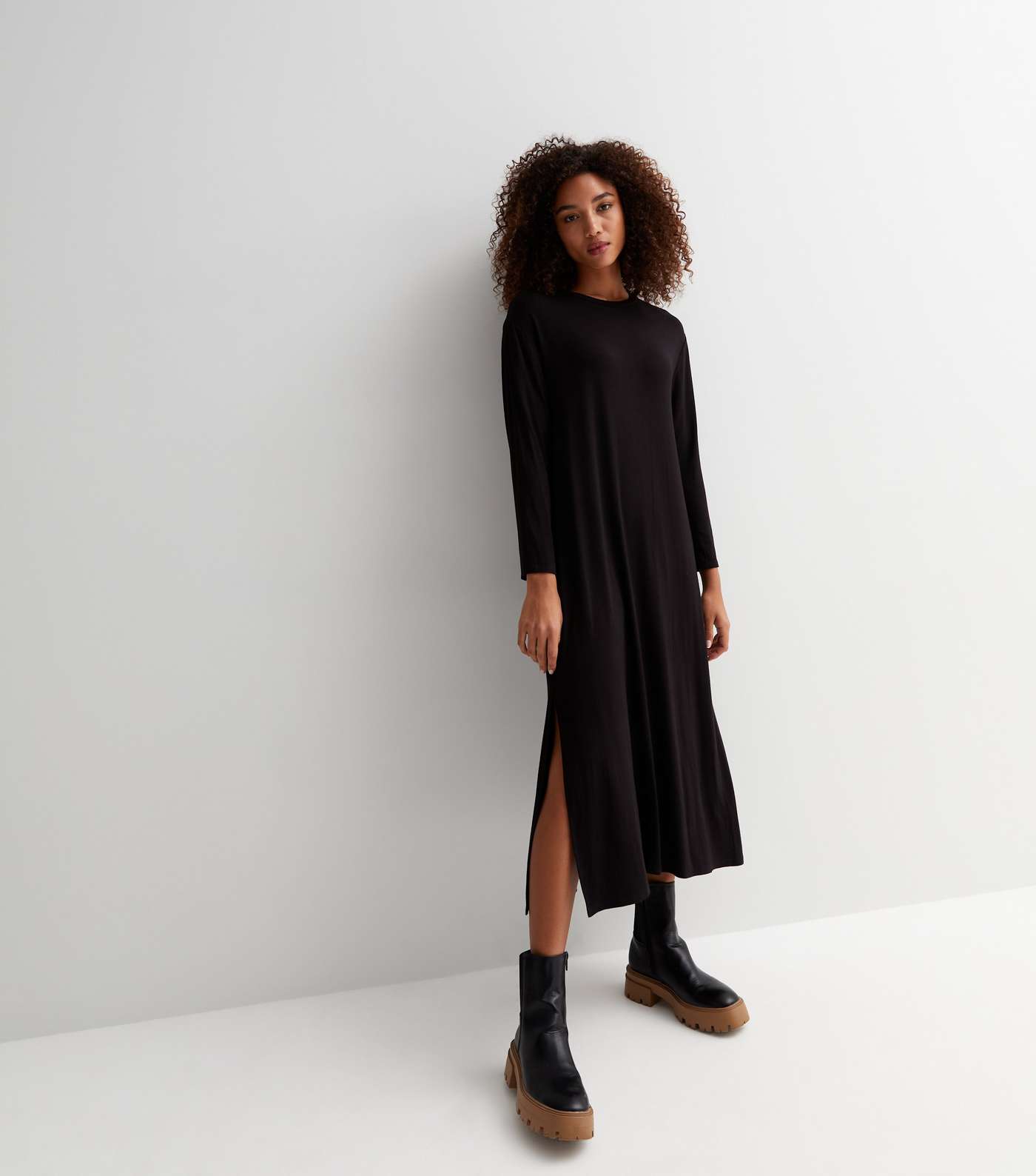 Black Long Sleeve Oversized Midi T-Shirt Dress Image 3