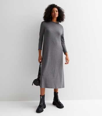 Dark Grey Long Sleeve Oversized Midi T-Shirt Dress