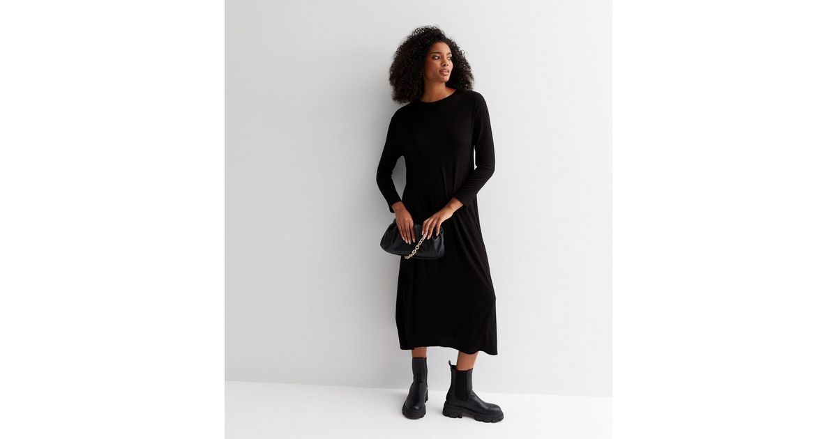 Black Long Sleeve Oversized Midi T-Shirt Dress | New Look