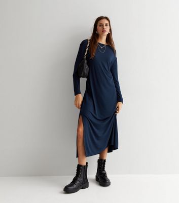Navy Long Sleeve Oversized Midi T-Shirt Dress