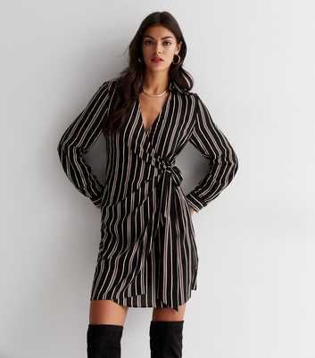 Black Striped Pattern V Neck Wrap Over Long Sleeve Mini Dress