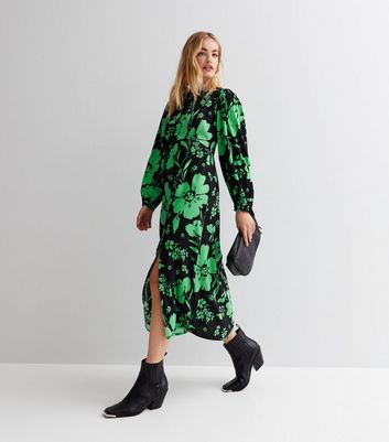 Green Floral Round Neck Long Sleeve Midi Dress New Look