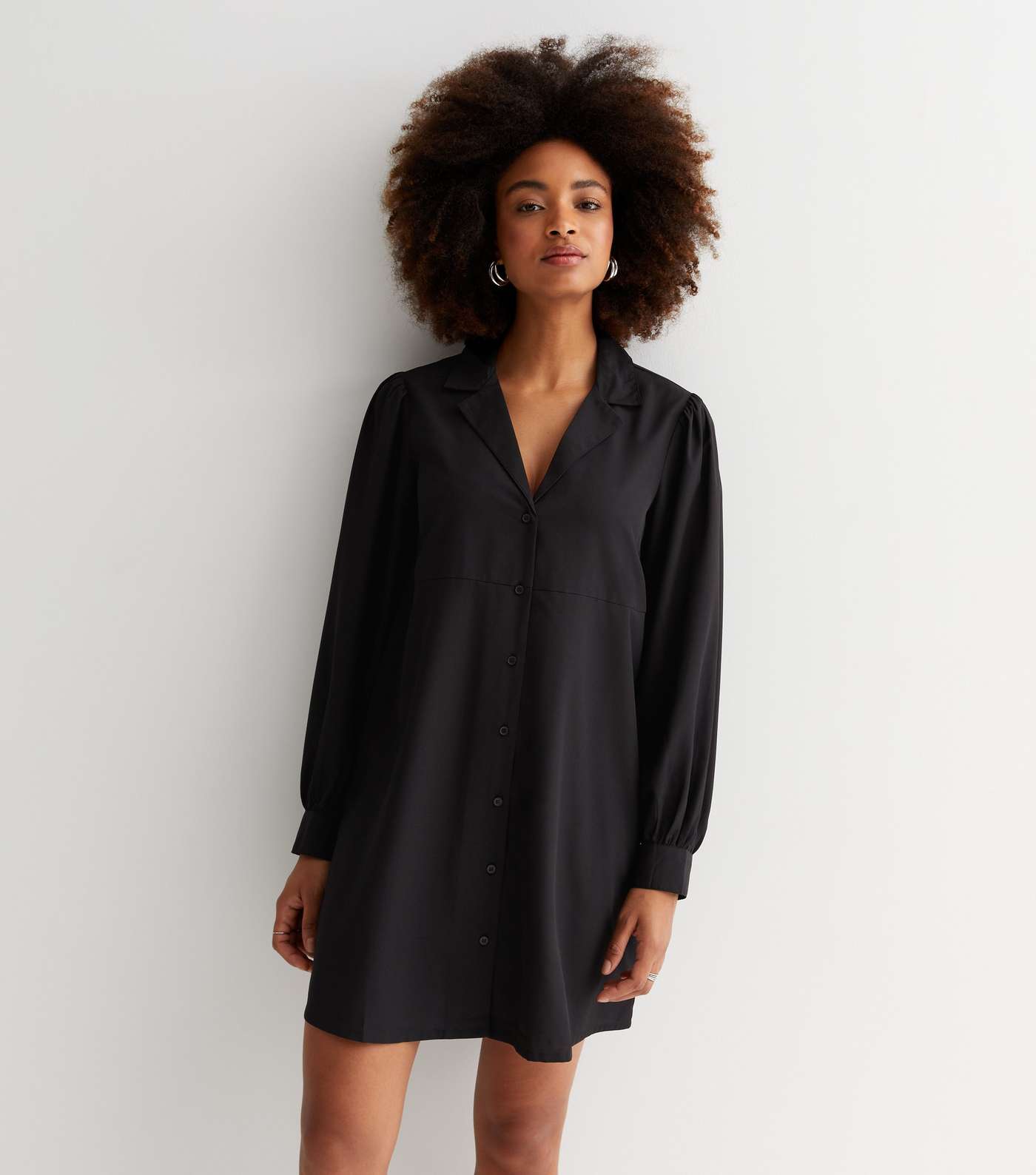 Black Revere Collar Mini Smock Shirt Dress