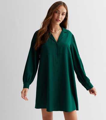 Dark Green Revere Collar Mini Smock Shirt Dress