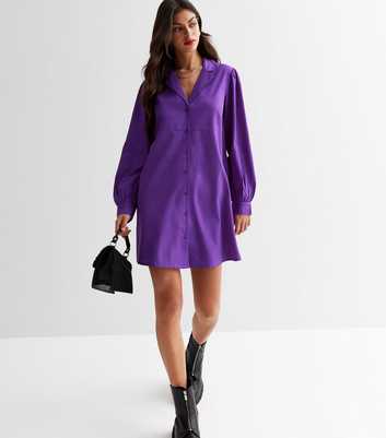 Purple Revere Collar Mini Smock Shirt Dress