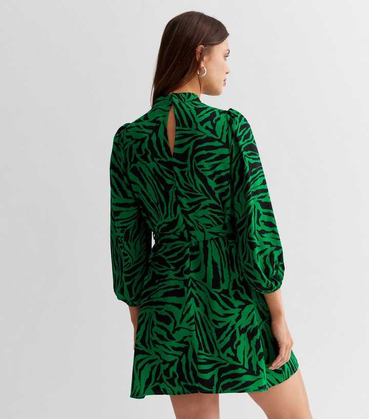 Green Zebra Print High Neck Belted Mini Tunic Dress | New Look