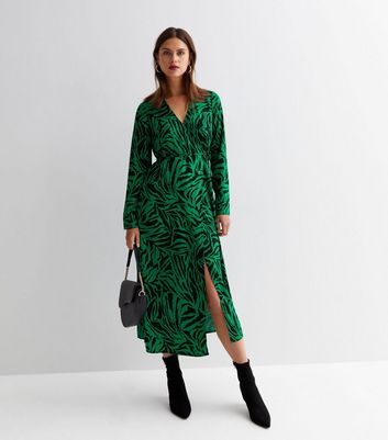 Green Zebra Print Collared Midi Wrap Dress New Look
