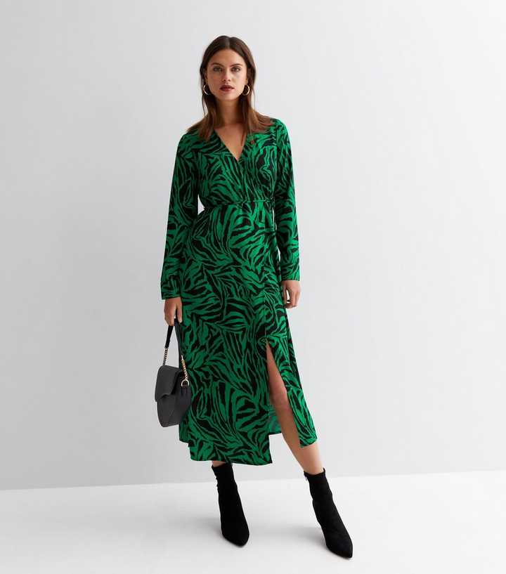 Green Zebra Print Collared Midi Wrap Dress | New Look