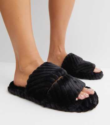 Loungeable Black Chevron Fluffy Slider Slippers