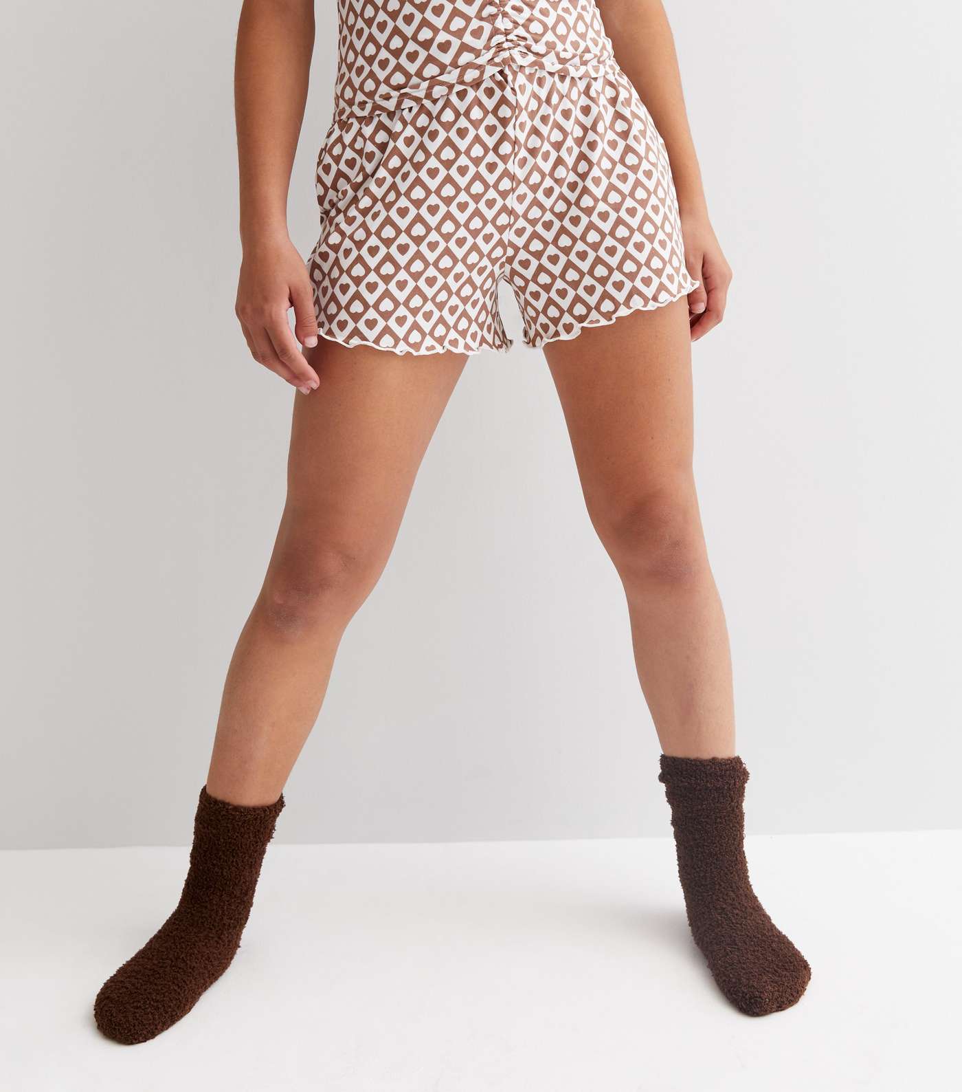 Girls Brown Soft Touch Short Pyjama Set with Diamond Checkerboard Print Image 2