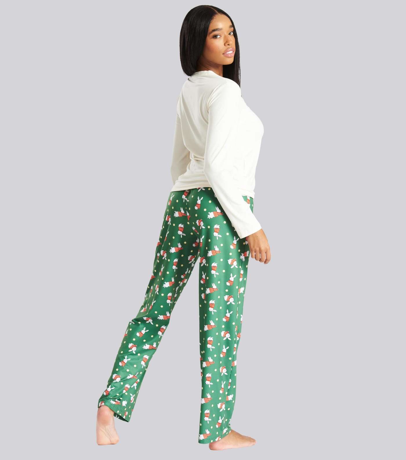 Loungeable Green Trouser Pyjama Set with Bunny Print Image 5