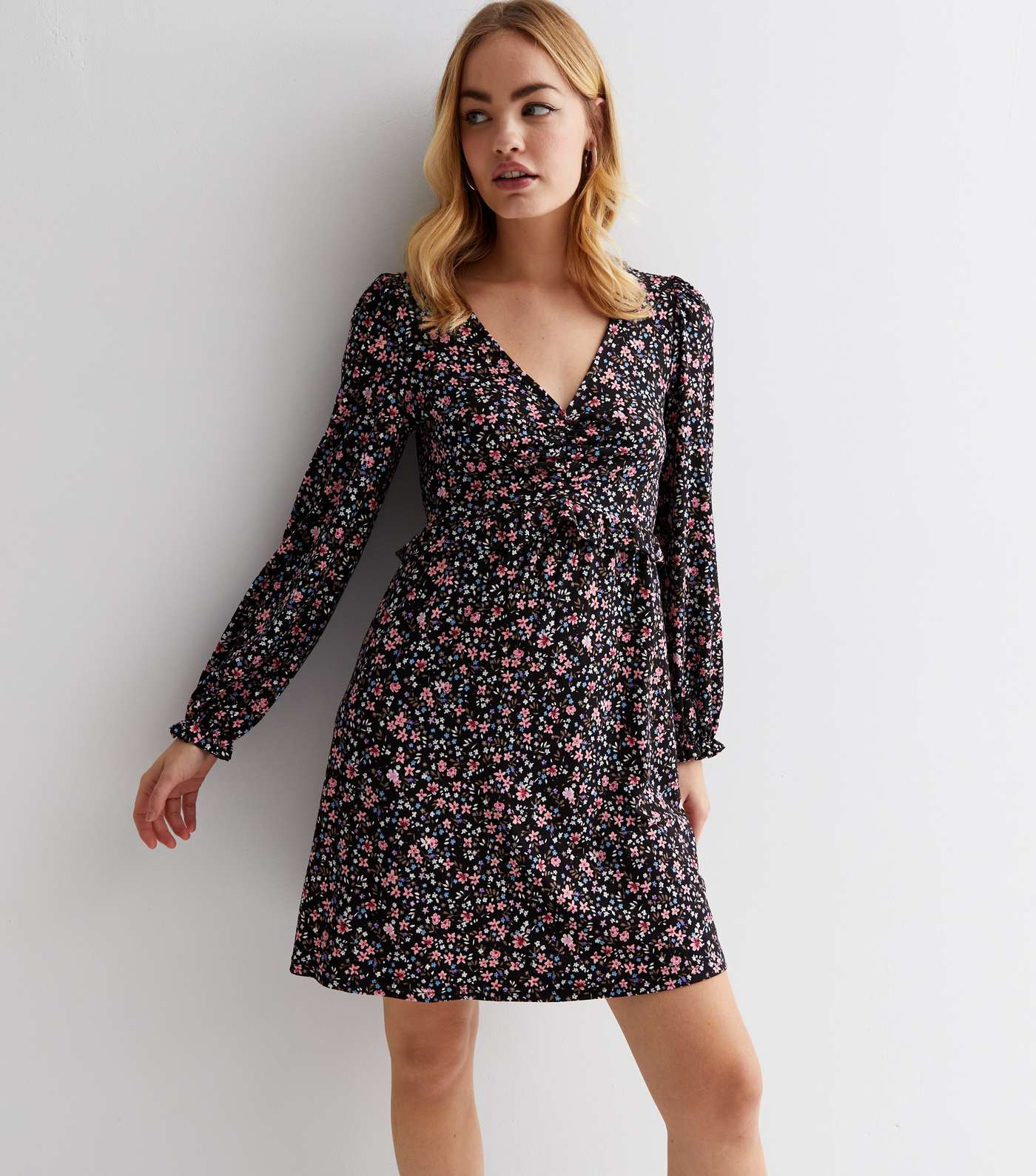 Black Ditsy Floral Jersey Ruched Long Sleeve Mini Dress