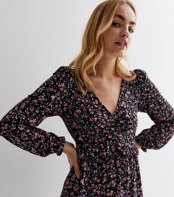 Black Ditsy Floral Jersey Ruched Long Sleeve Mini Dress New Look