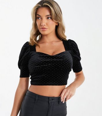 QUIZ Black Glitter Spot Velvet Short Puff Sleeve Crop Top | New Look