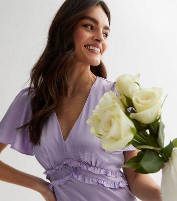 Lilac Satin Flutter Sleeve Ruffle Maxi Dress New Look