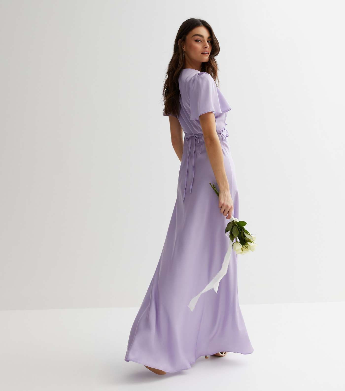 Lilac Satin Flutter Sleeve Ruffle Maxi Dress Image 4