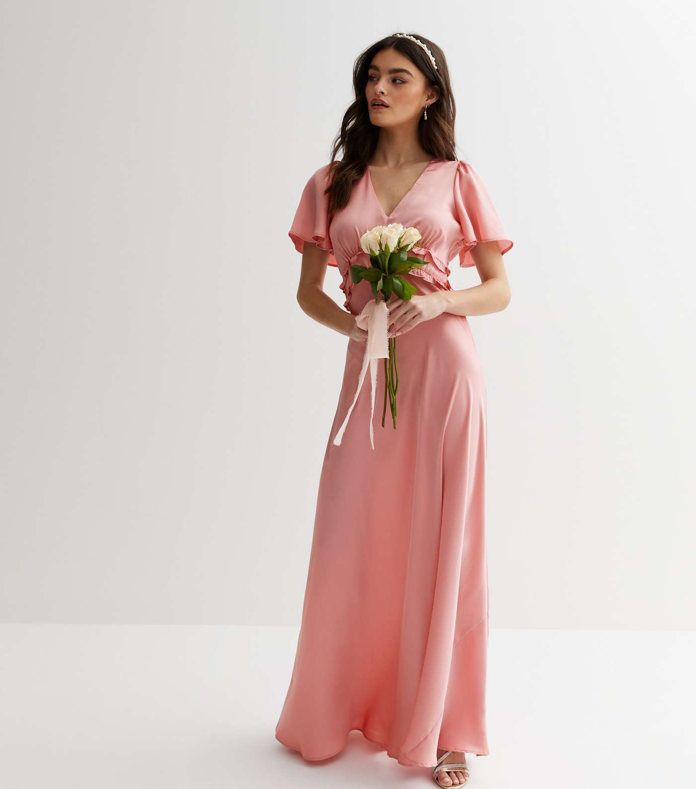 Pink Satin Flutter Sleeve Ruffle Maxi Dress Image 3