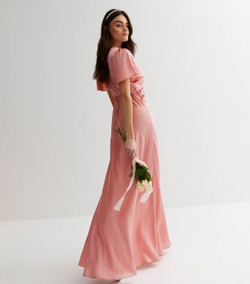 Pink Satin Flutter Sleeve Ruffle Maxi Dress New Look