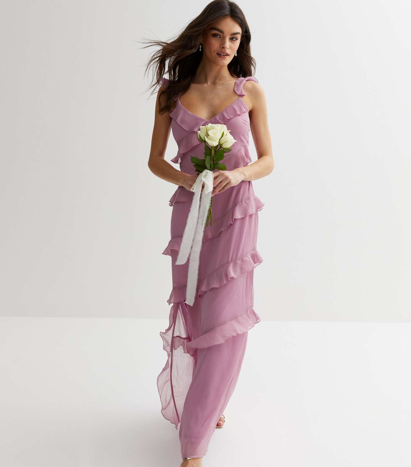 Lilac Chiffon Strappy Ruffle Trim Maxi Dress