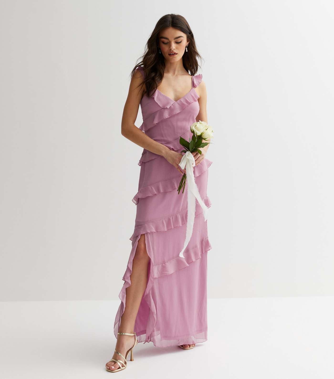 Lilac Chiffon Strappy Ruffle Trim Maxi Dress Image 3