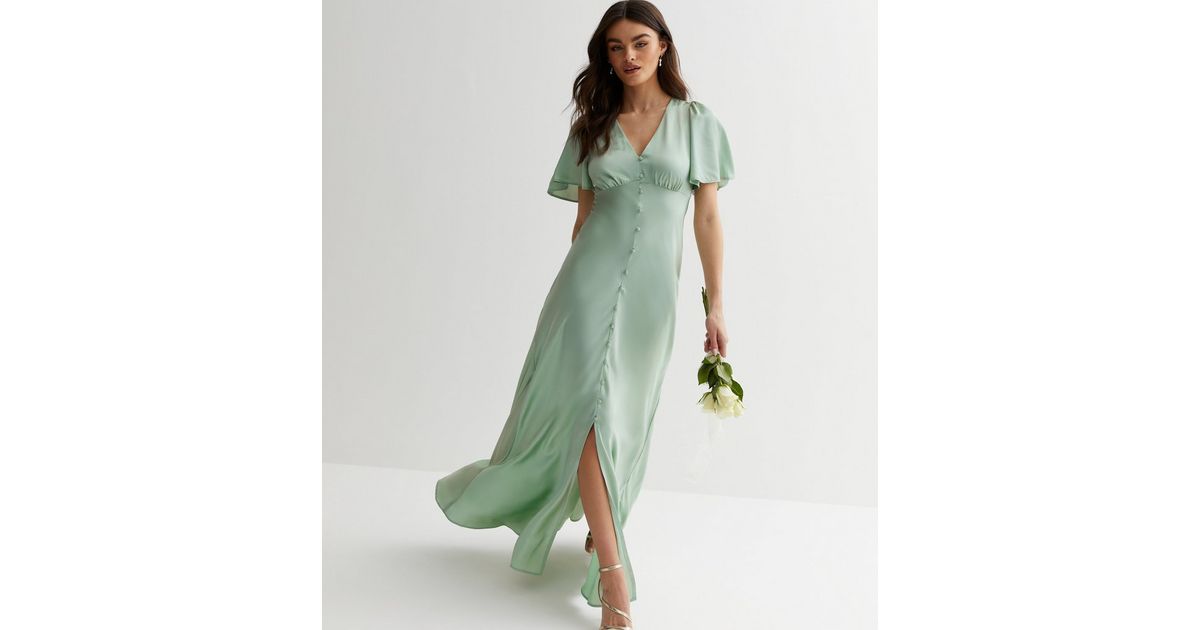 light green satin short sleeve button front maxi dress