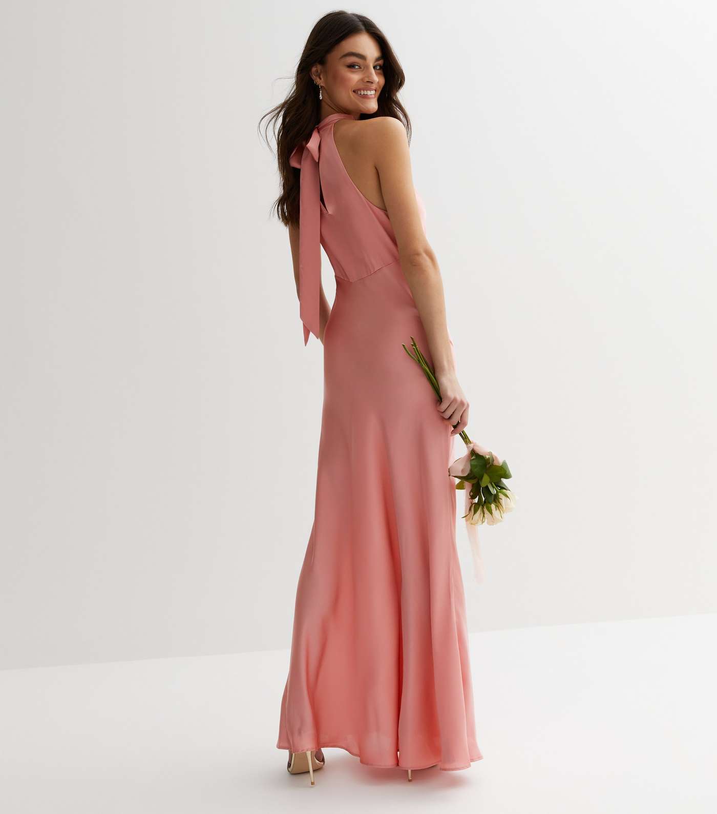 Pink Satin Halter Maxi Dress Image 4