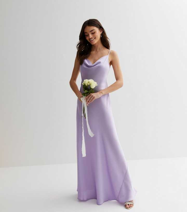 AVERY Satin Off Shoulder Cowl Neck Bridesmaids Maxi Dress with
