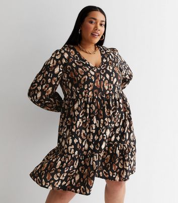 Curves Black Animal Print V Neck Long Sleeve Tiered Mini Dress New Look