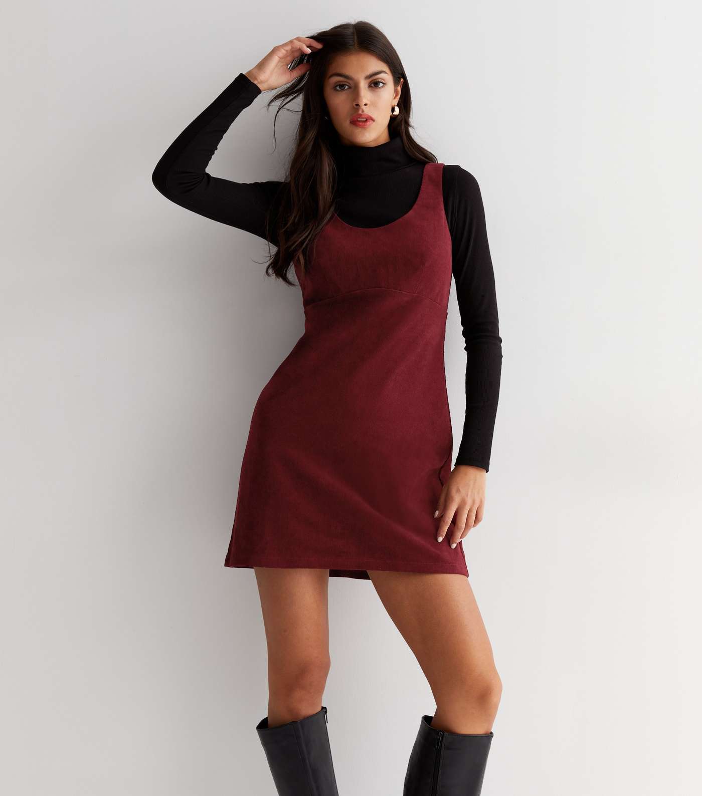 Burgundy Scoop Neck Stretch Cord Pinafore Dress