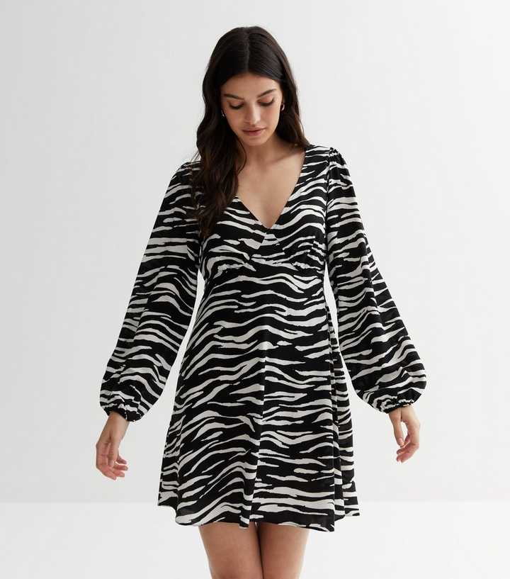 Black Zebra Print V Neck Long Sleeve Mini Dress
