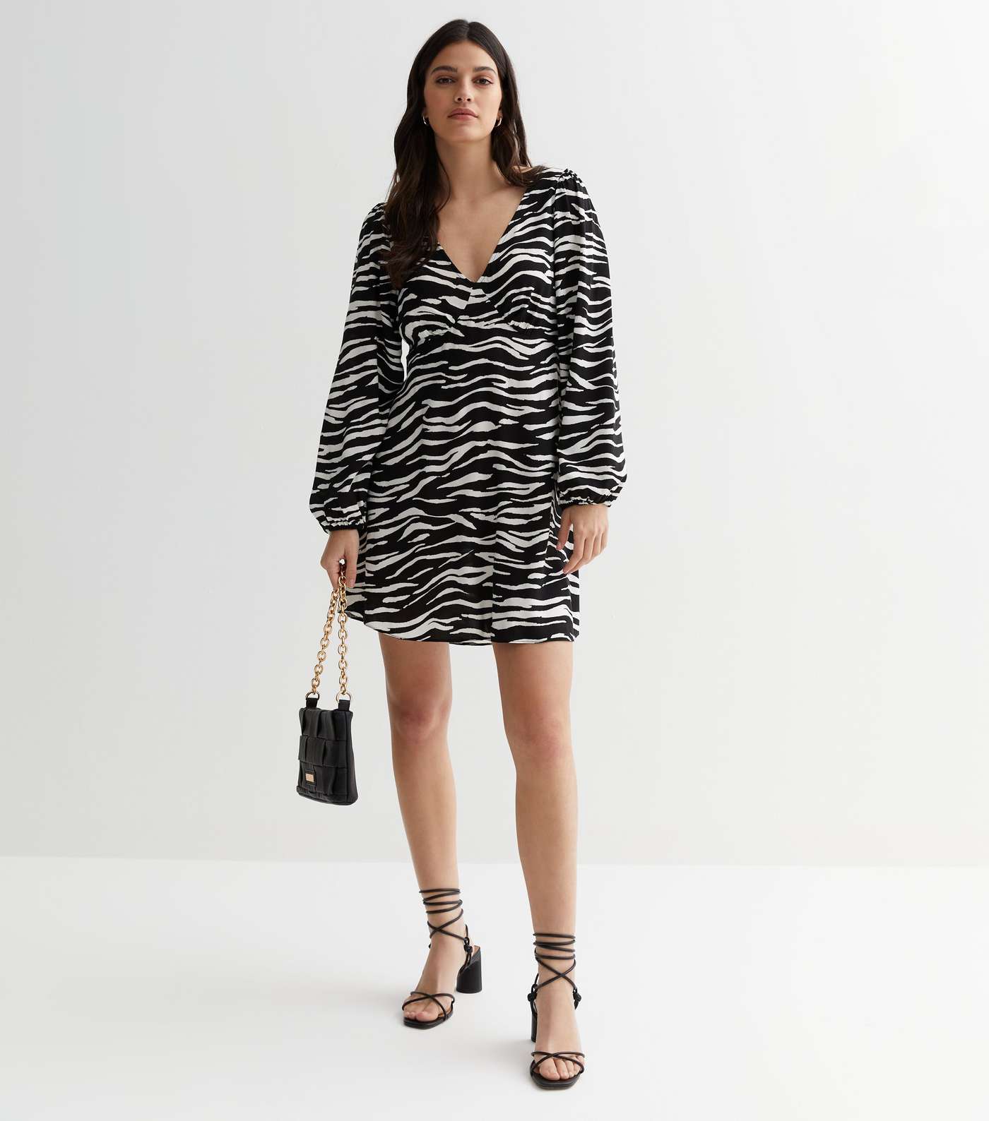 Black Zebra Print V Neck Long Sleeve Mini Dress Image 2