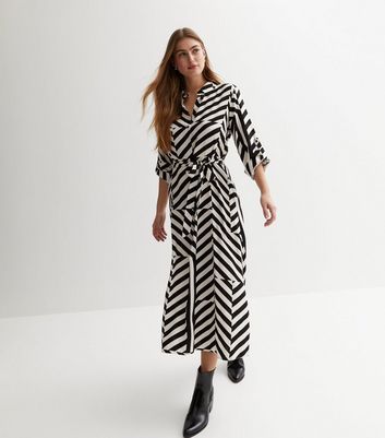 Black Geometric Stripe Roll Sleeve Midi Shirt Dress New Look