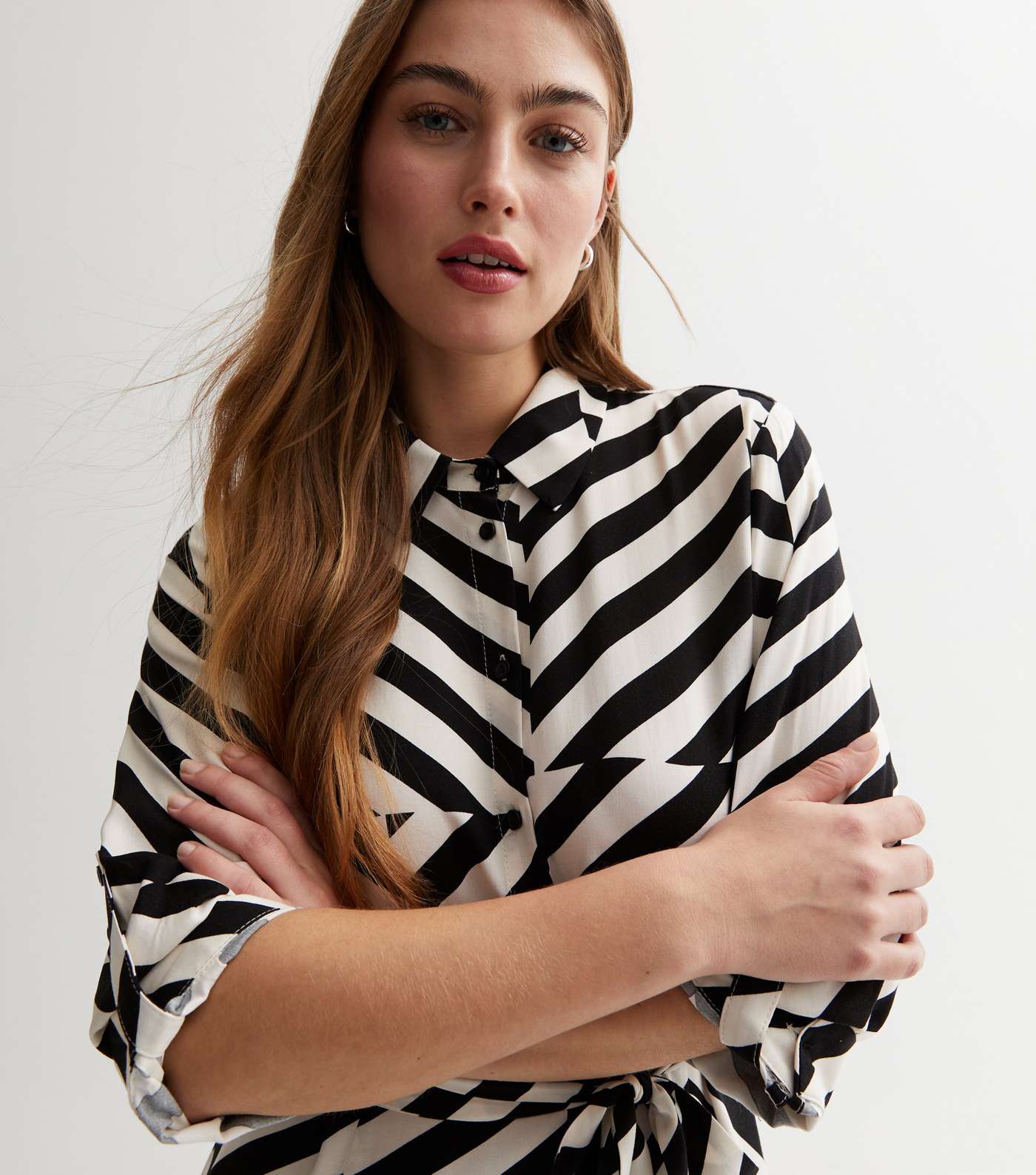 Black Geometric Stripe Roll Sleeve Midi Shirt Dress Image 2