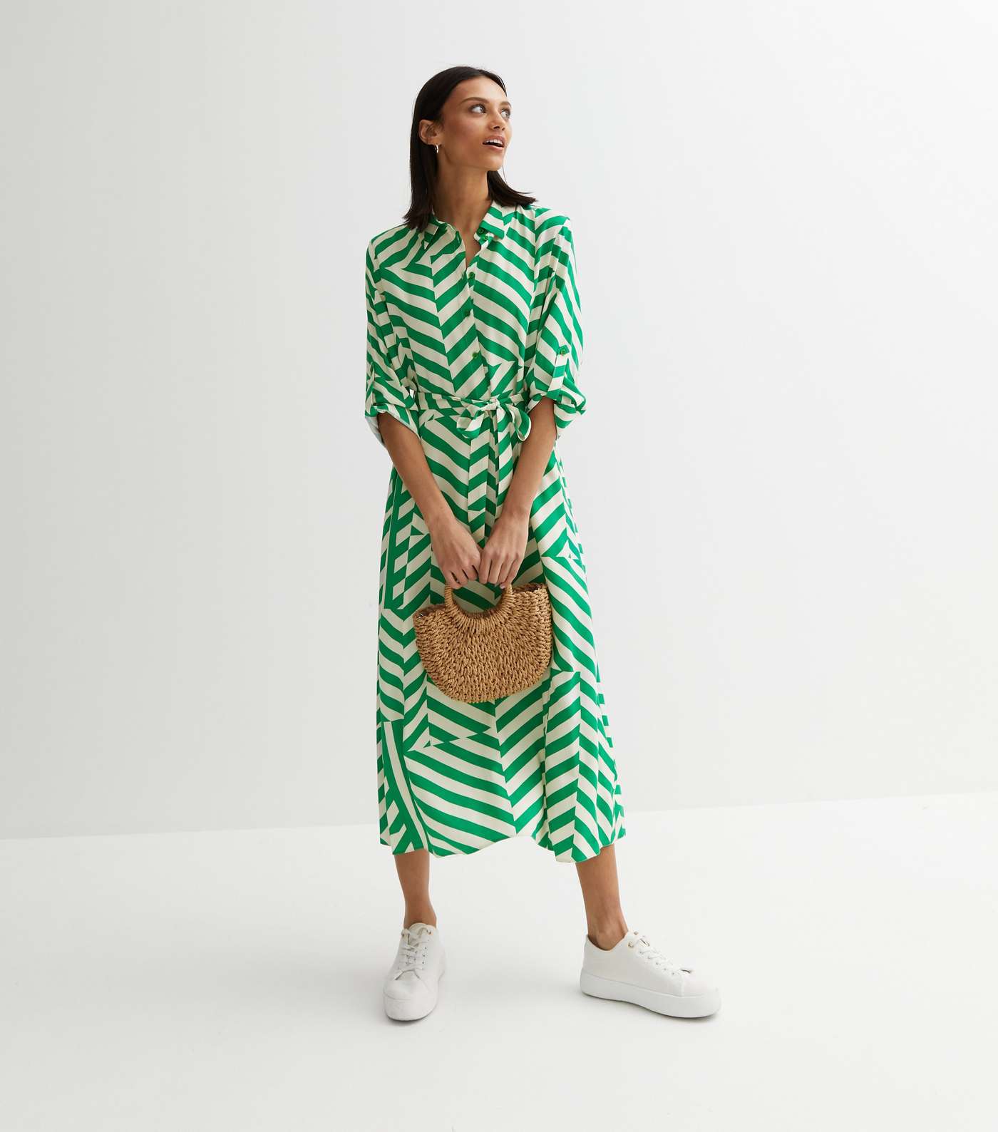 Green Geometric Stripe Roll Sleeve Midi Shirt Dress Image 3