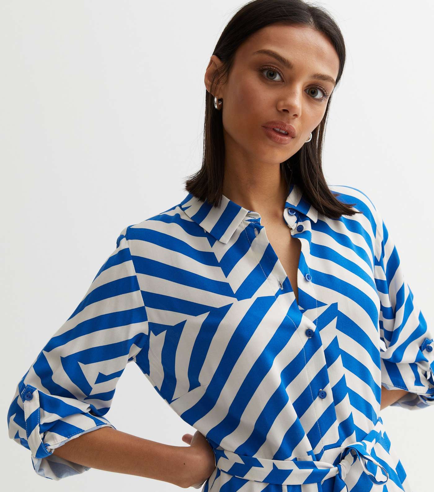 Blue Geometric Stripe Roll Sleeve Midi Shirt Dress Image 2