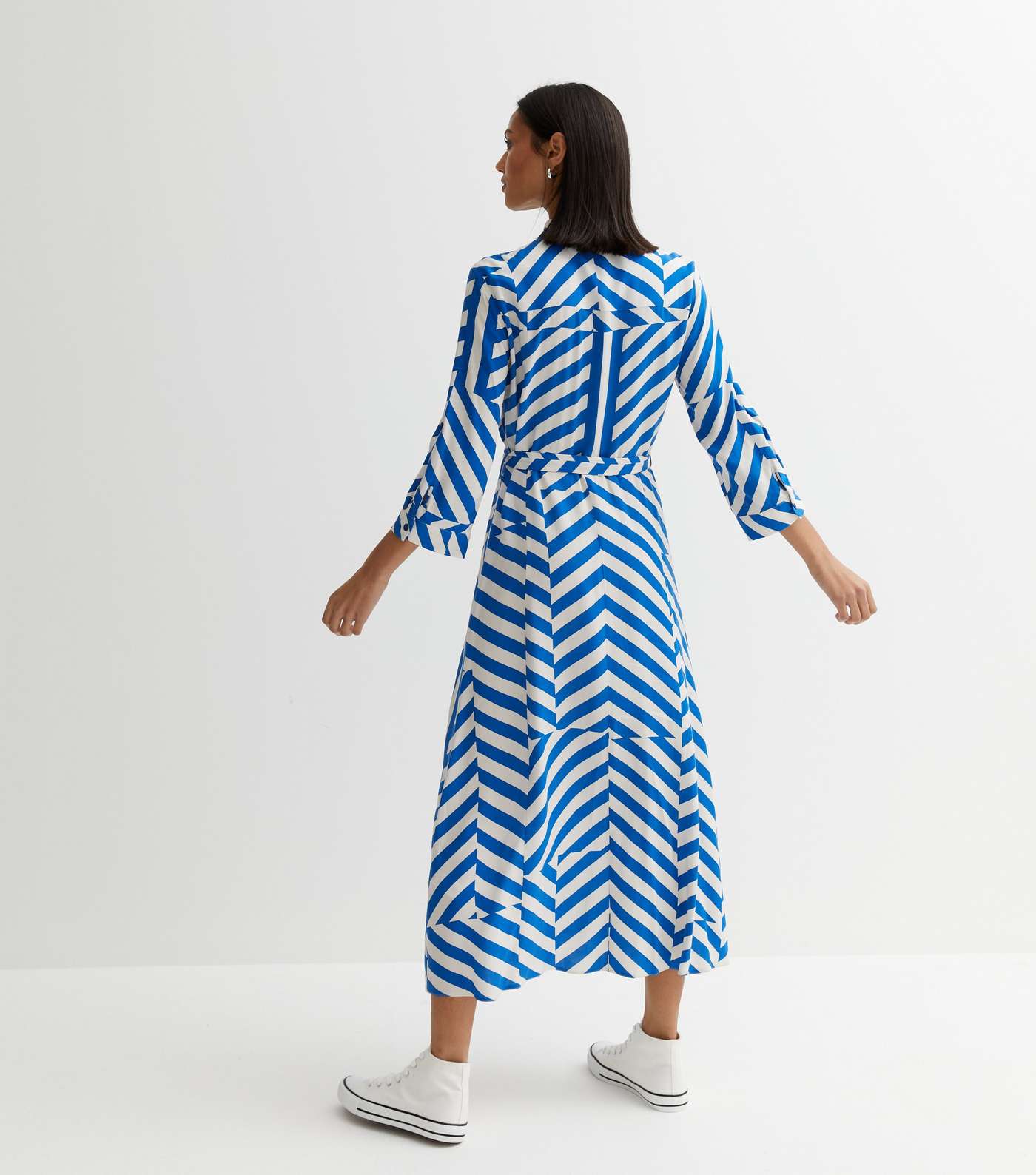 Blue Geometric Stripe Roll Sleeve Midi Shirt Dress Image 4