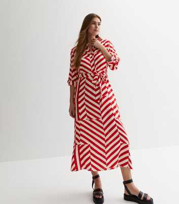 Red Geometric Stripe Roll Sleeve Midi Shirt Dress
