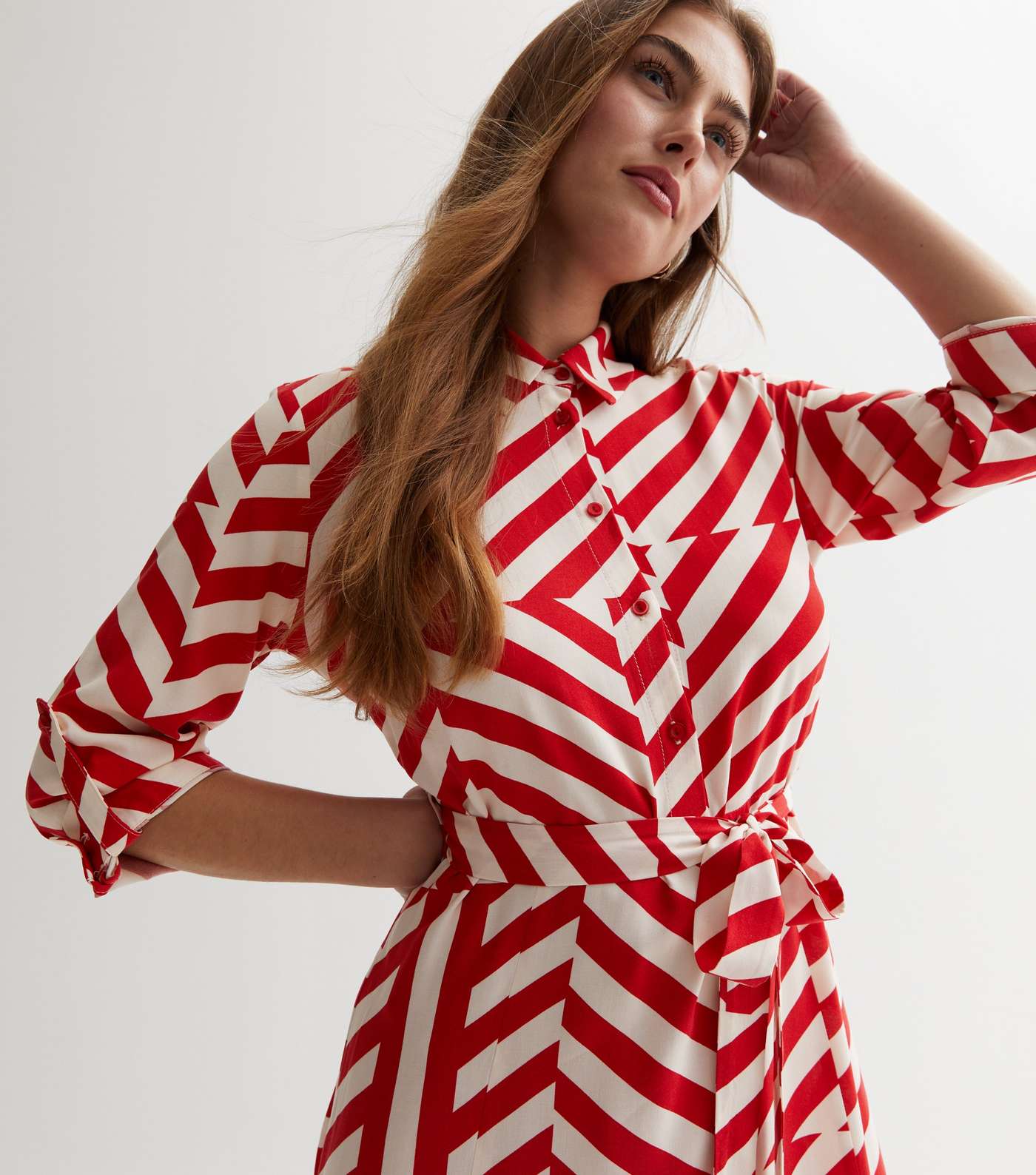 Red Geometric Stripe Roll Sleeve Midi Shirt Dress Image 2
