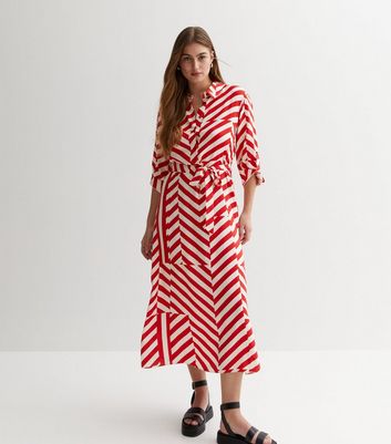 Red Geometric Stripe Roll Sleeve Shirt New Look Midi | Dress