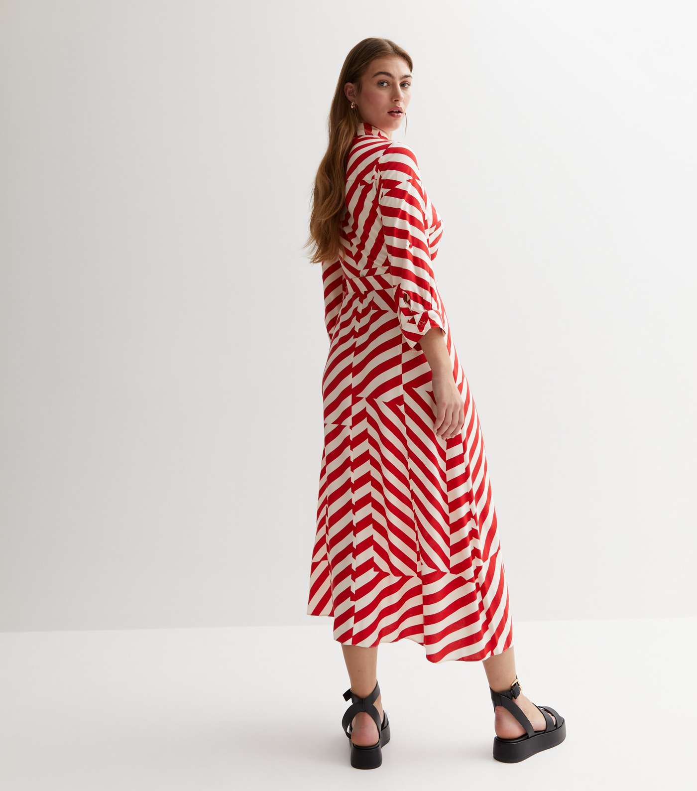 Red Geometric Stripe Roll Sleeve Midi Shirt Dress Image 4