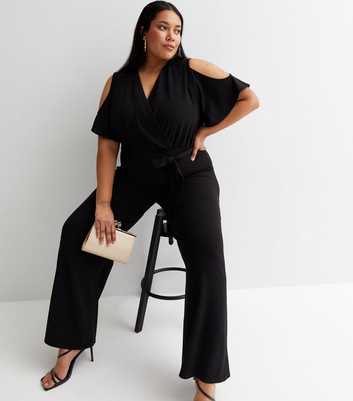 Curves Black Scuba Crepe Cold Shoulder Wrap Jumpsuit