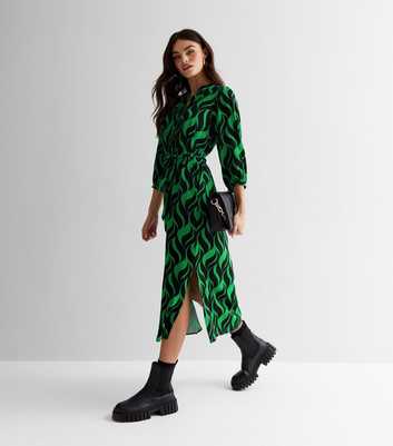 Green Geometric Doodle Print Puff Sleeve Midi Shirt Dress