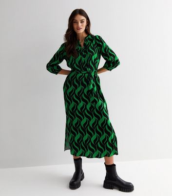 Green Geometric Doodle Print Puff Sleeve Midi Shirt Dress New Look