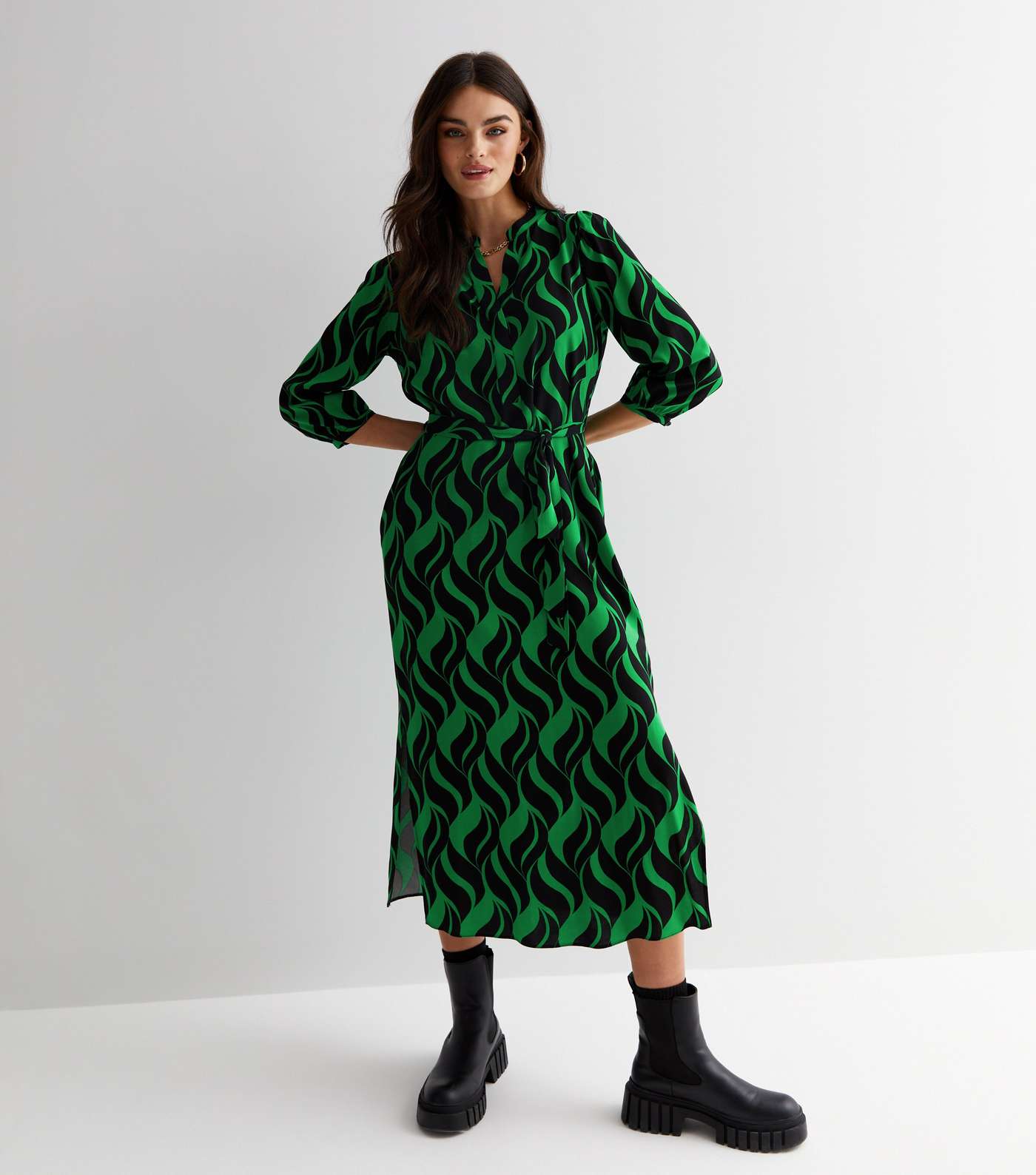 Green Geometric Doodle Print Puff Sleeve Midi Shirt Dress Image 2