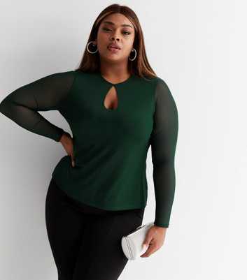 Curves Dark Green Long Mesh Sleeve Keyhole Top